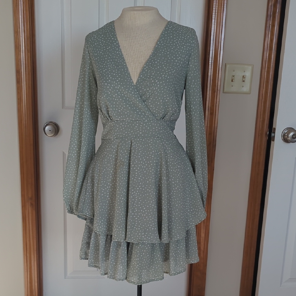 Elegant Green Polka Dot Sage Green Dress